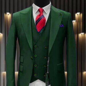 Mens One Button Peak Lapel Double Breasted Vest Wool Suit in Hunter Green